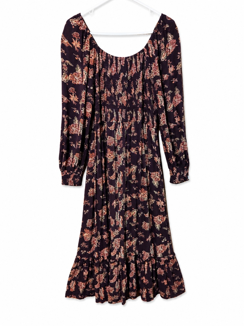 Wonderly Floral Smocked Maxi Dress Large Plum Boho Peasant Tiered Hem EUC - Picture 4 of 6
